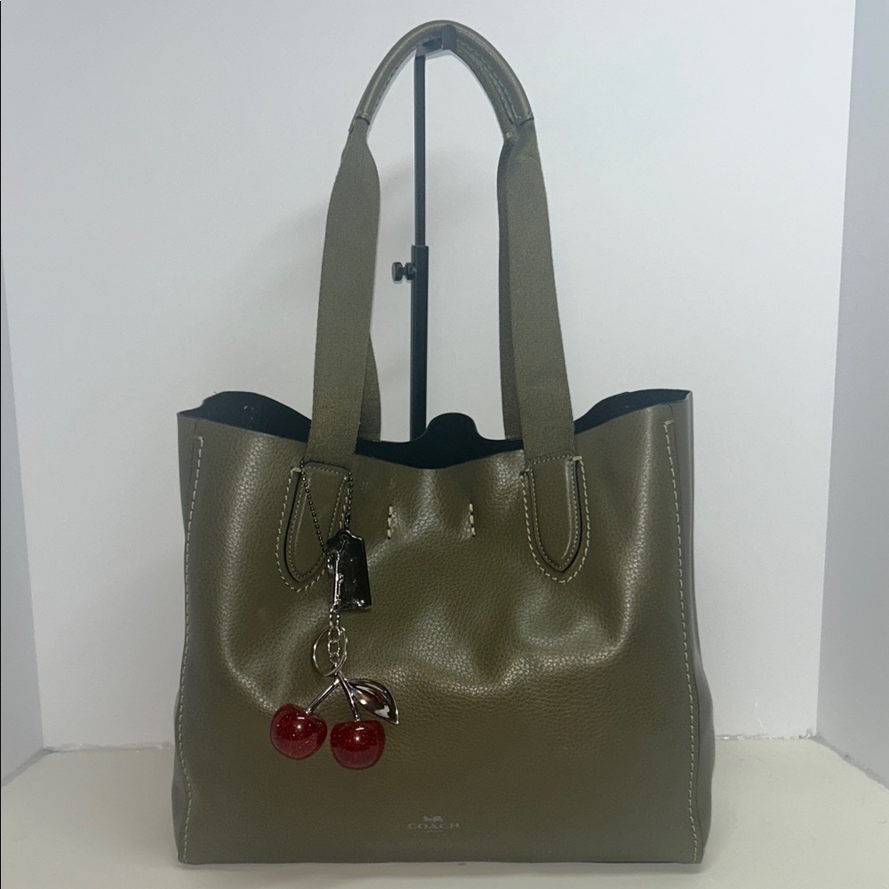 New  Coach Olive Leather Tote with Cherry Charm